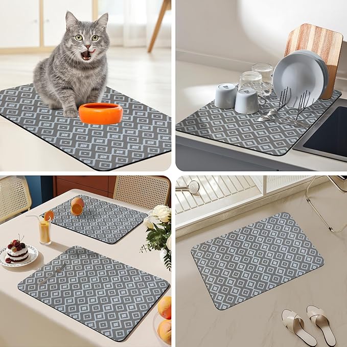 Bloss Dish Drying Mat, 2025 Multiple Usage Coffee Bar Mat, Kitchen Counter Mat, Absorbent Hide Stain Rubber Backed Dish Drying Pad(16.1"x24.1", Gray-White Plaid)