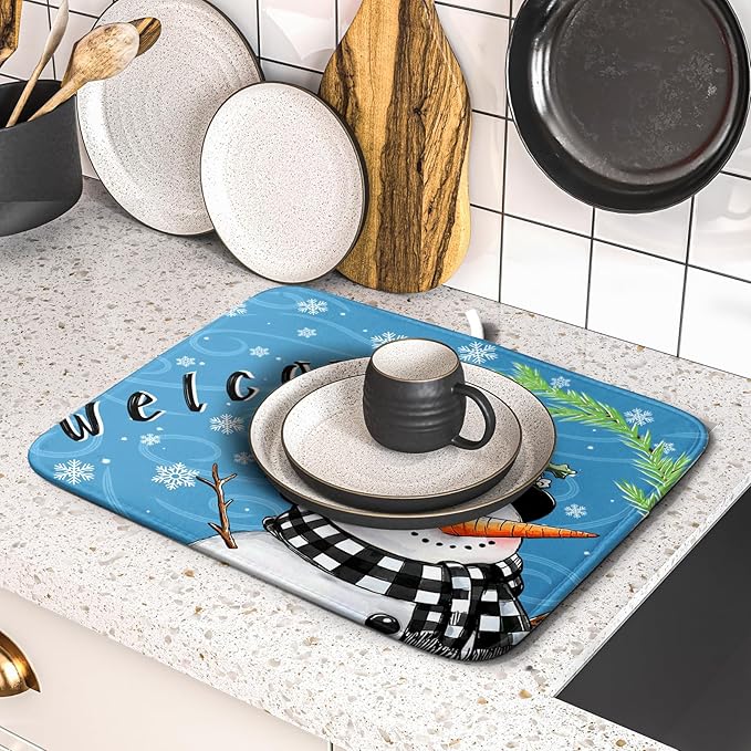 Christmas Snowman Dish Drying Mat for Kitchen Counter 16x18 Blue White Snowflake Welcome Winter Holiday Absorbent Reversible Microfiber Drying Mats Kitchen Countertop Protector Dishes Drainer Rack Pad