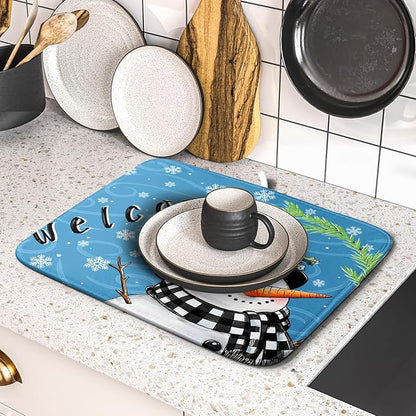 Christmas Snowman Dish Drying Mat for Kitchen Counter 16x18 Blue White Snowflake Welcome Winter Holiday Absorbent Reversible Microfiber Drying Mats Kitchen Countertop Protector Dishes Drainer Rack Pad