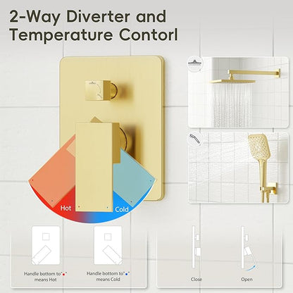 Gabrylly Shower System Gold, Wall Mounted Shower Faucet Set for Bathroom with High Pressure 10" Rain Shower head and 3-Setting Handheld Shower Head Set, 2 Way Shower Valve Kit, Brushed Gold