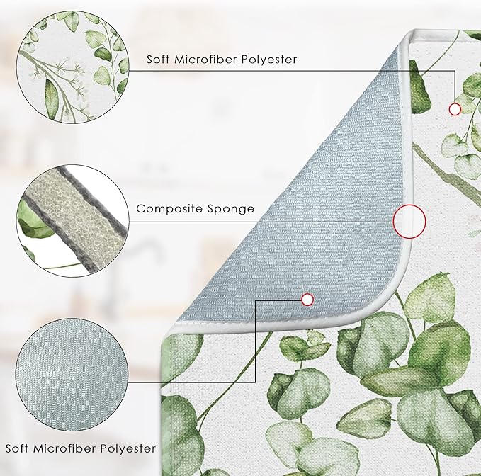Sanwarm Absorbent Dish Drying Mat, Vintage Summer Eucalyptus Leaves Flower Microfiber Pad for Kitchen Counter, Coffee Bar Decor, Heat Resistant and Reversible, 18" x 24"