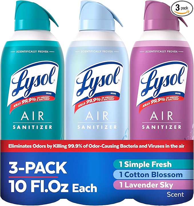 Lysol Air Sanitizer Spray with Bacterial Odor Eliminator for Home & Office, Sanitizing Air Spray, Air Freshener Alternative, Simple Fresh + Cotton Blossom + Lavender Sky, 10 oz (Pack of 3)