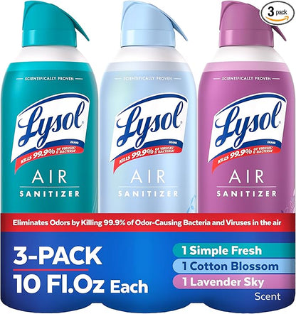 Lysol Air Sanitizer Spray with Bacterial Odor Eliminator for Home & Office, Sanitizing Air Spray, Air Freshener Alternative, Simple Fresh + Cotton Blossom + Lavender Sky, 10 oz (Pack of 3)