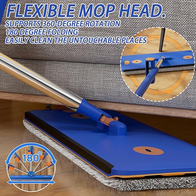 16.5" Self Wringing Flat Mop and Bucket Set, 55" Long Handle Microfiber Mop for Floor and Wall Cleaning, Hands-Free Wet & Dry Mop with Squeegee, 5 Replacement Pads & Collapsible Bucket