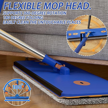16.5" Self Wringing Flat Mop and Bucket Set, 55" Long Handle Microfiber Mop for Floor and Wall Cleaning, Hands-Free Wet & Dry Mop with Squeegee, 5 Replacement Pads & Collapsible Bucket