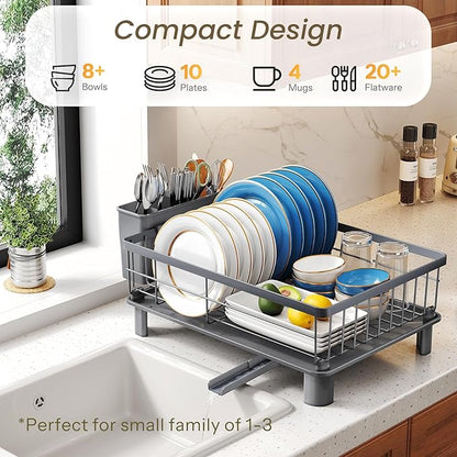SNTD Dish Drying Rack - Small Dish Rack for Kitchen Counter, Stainless Steel Dish Drainer with Utensil Holder and Drainboard, 11" W x 15" L (Grey)