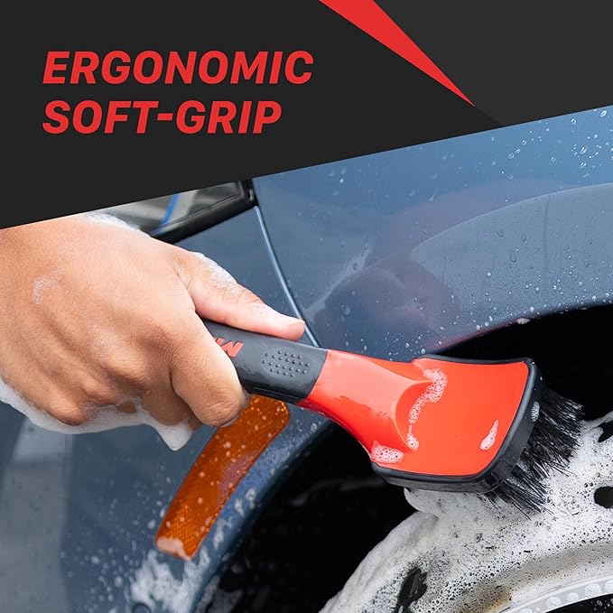 Maxshine Universal Soft Grip Heavy Duty Brush | Ergonomic Short Handle, Anti-Slip Grip, Scratch-Resistant Bumper | Stiff Bristles for Tires, Carpets & Tough Surfaces | Auto, Boat & Marine Detailing