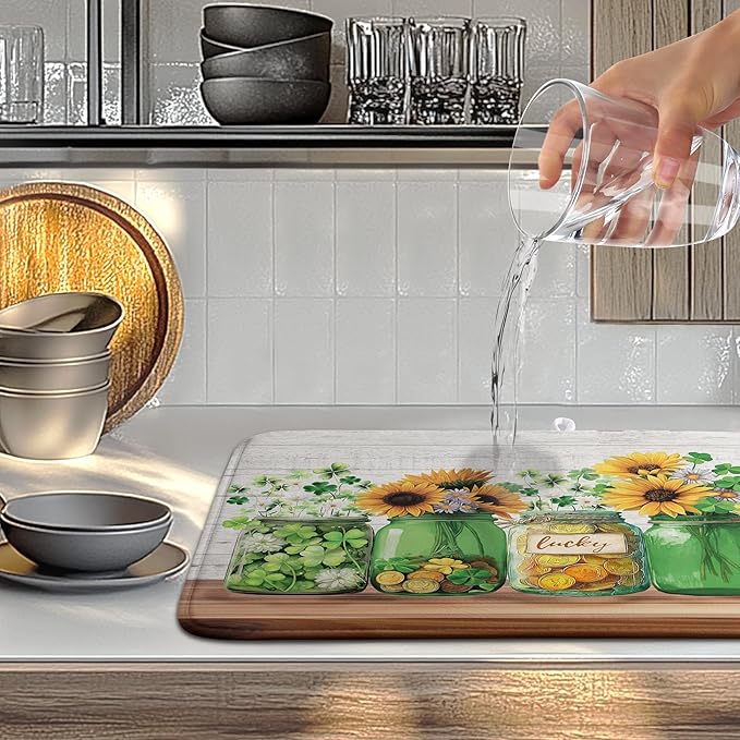 St Patricks Day Shamrock Dish Drying Mats St Patrick's Day Spring Dish Mat Sunflowers Drying Matt Dishes Dryer Pad for Kitchen Counter Absorbent Microfiber Washable Foldable Reusable 18x24 in