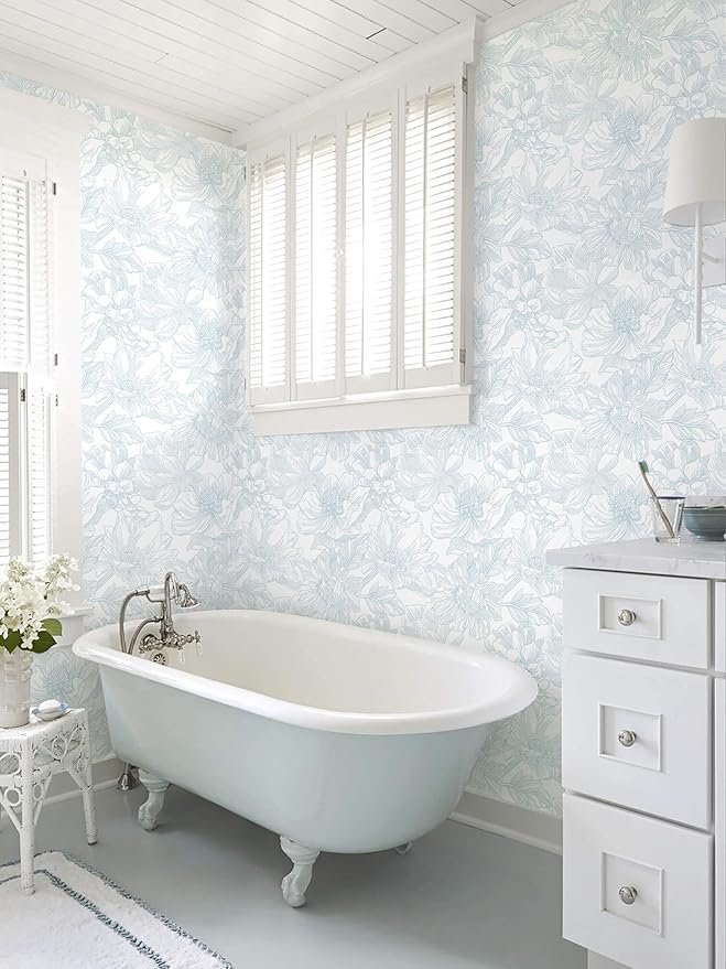 Ismoon Large Floral Peel and Stick Wallpaper Boho White and Blue Contact Paper 17.3inx6.5ft Modern Wall Paper Removable Self Adhesive Vinyl Wallpaper for Bedroom Cabinet Waterproof Mural Wall Decor