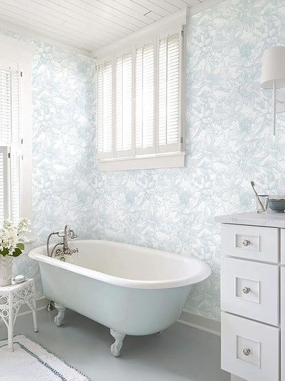 Ismoon Large Floral Peel and Stick Wallpaper Boho White and Blue Contact Paper 17.3inx6.5ft Modern Wall Paper Removable Self Adhesive Vinyl Wallpaper for Bedroom Cabinet Waterproof Mural Wall Decor