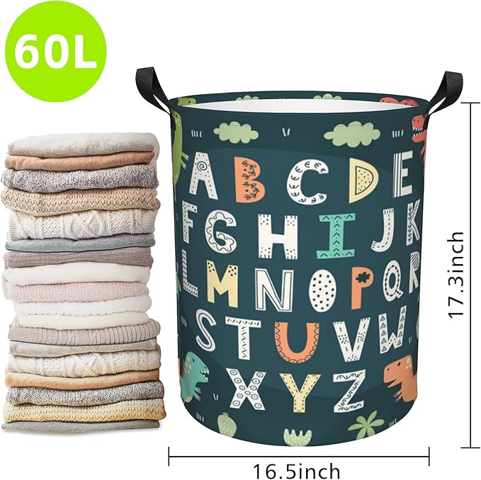 Laundry Basket Funny Alphabet with Cute Dinosaurs Laundry Basket Oxford Cloth Laundry Hamper Large Storage Baskets Toy Organizer Tote Bag For Bedroom Clothes Bathroom 17.3(H) x16.5(D) Inch