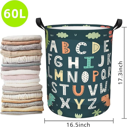 Laundry Basket Funny Alphabet with Cute Dinosaurs Laundry Basket Oxford Cloth Laundry Hamper Large Storage Baskets Toy Organizer Tote Bag For Bedroom Clothes Bathroom 17.3(H) x16.5(D) Inch