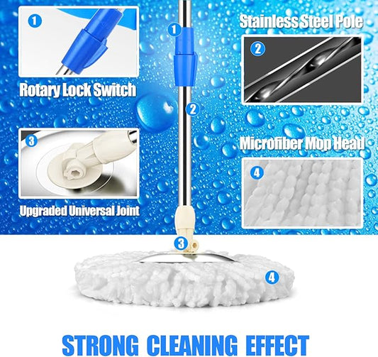 Spin Mop and Bucket System | 360 Spin Mop and Bucket with Wringer Set | Mops for Floor Cleaning | 3 Microfiber Mop Replacement Head Refills | 61" Extended Handle | Wet and Dry Use Floor Mop