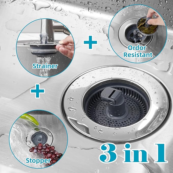 Hibbent 2 Pack 3 in 1 Kitchen Sink Drain Strainer, Stainless Steel Wrapped Shell Drain Stopper Combo, Pop Up Sink Stopper, Anti-Clogging Strainer with Foldable Handle for US Standard 3-1/2" Drain