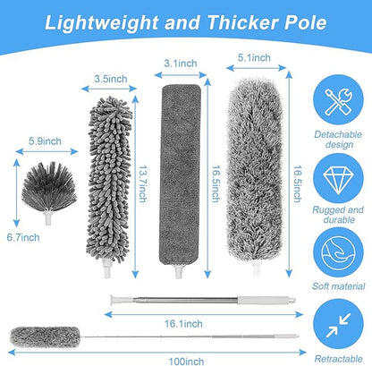 Duster for Cleaning 5-in-1 Kit, 100 Inches Duster with Extension Pole, Extendable Duster, Microfiber Feather Duster, Cobweb Dusters for High Ceilings, Furniture, Blinds, Wall- Grey