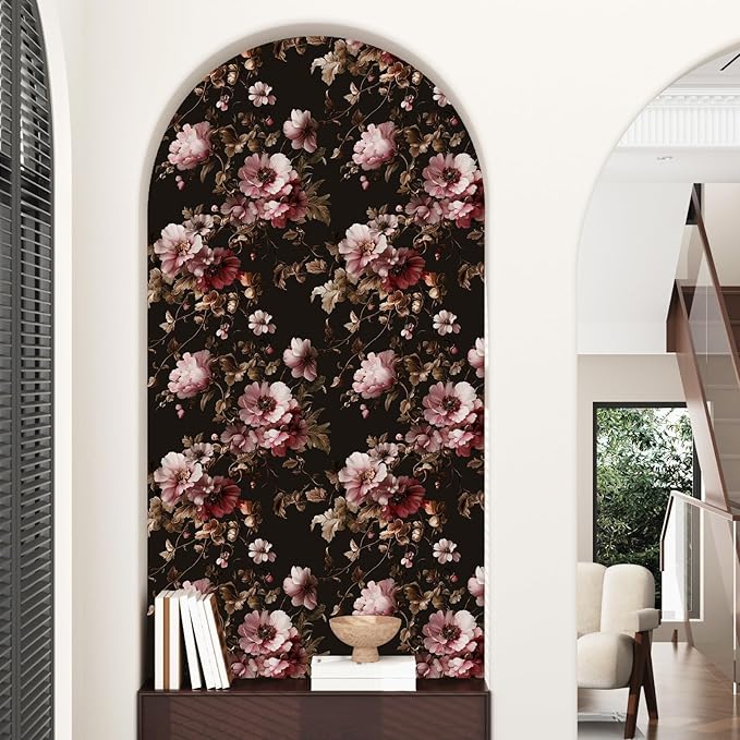 Black Floral Wallpaper Peel and Stick Pink Peony Vintage Flowers with Dark Brown Leaf Vinyl Self Adhesive Removable Contact Paper Wall Mural for Bedroom Walls Living Room Cabinets Decor 17.5" x 118"