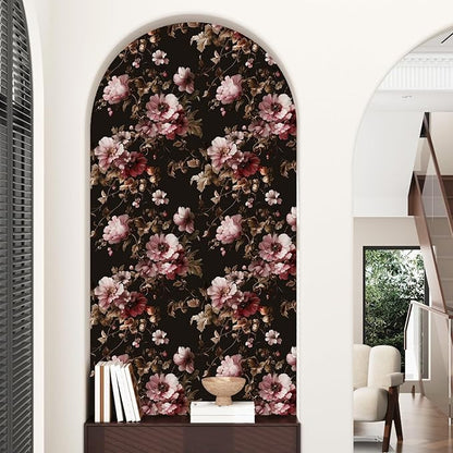 Black Floral Wallpaper Peel and Stick Pink Peony Vintage Flowers with Dark Brown Leaf Vinyl Self Adhesive Removable Contact Paper Wall Mural for Bedroom Walls Living Room Cabinets Decor 17.5" x 118"