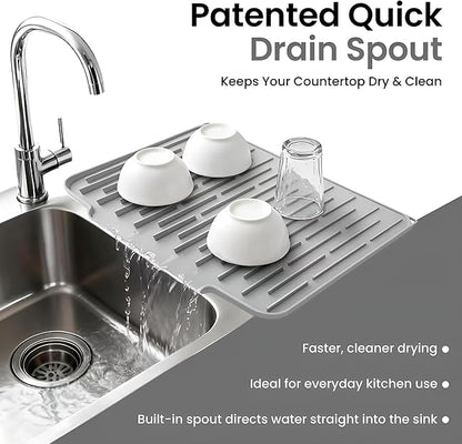 Silicone Dish Drying Mat with Raised Drain Spout, 15mm Thick Extra Large 15.7"x12.4", Heat Resistant Countertop Protector, Dishwasher Safe - Light Gray
