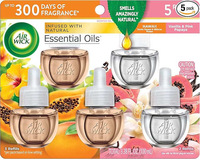 Air Wick Plug in Scented Oil Refill, 5 ct, Hawaii and Vanilla & Pink Papaya, Air Freshener, Essential Oils