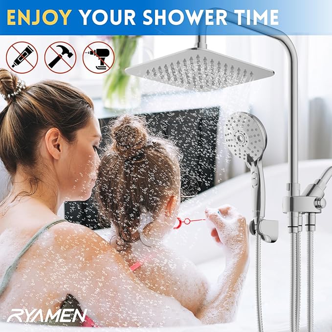 Ryamen Dual Shower Head Combo, 8'' High Pressure Rain Shower Head with Handheld Spray, 6 Settings Handheld Showerhead, 15" Height Adjustable Slide Bar, Angle Adjustable, Chrome Polished
