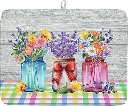 Kawani Spring Flowers Dish Drying Mat for Kitchen Counter 18"x24" Spring Floral Jars Drying Mat Soft Absorbent Microfiber Farmhouse Colorful Floral Dish Drainer Rack Mats for Counter tops