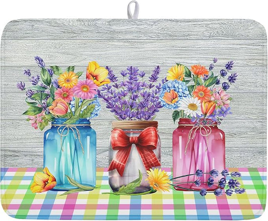 Kawani Spring Flowers Dish Drying Mat for Kitchen Counter 18"x24" Spring Floral Jars Drying Mat Soft Absorbent Microfiber Farmhouse Colorful Floral Dish Drainer Rack Mats for Counter tops