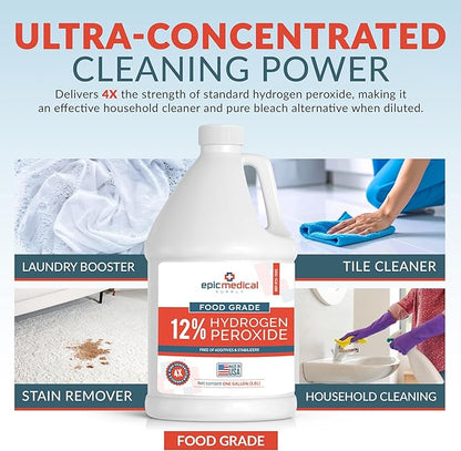 12% Food Grade Hydrogen Peroxide – Ultra-Concentrated H2O2 Peroxide Cleaner – 1 Gallon Bottle – Bleach Alternative for Household Cleaning, Laundry, Glass & More – Made in USA (1)