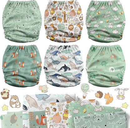 Mama Koala 3.0 Pocket Cloth Diapers for Babies with AWJ Lining, 6 Pack with 6 4-Layer Natural Cloth Diaper Inserts - Reusable and Washable Pocket Diapers (Adorable Animal)
