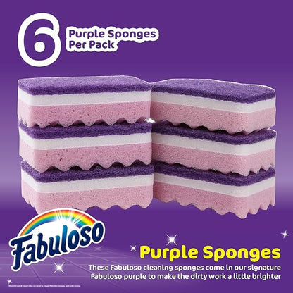 Fabuloso Scratch-Free Kitchen Dish Sponges, Purple Cellulose Scrubber Sponge with Scouring Pad for Dishes, Pots, Pans, Counters and Sinks, Tough on Messes, 4.25 x 2.75 x 1.25 in, 6 Count - 2 Pack