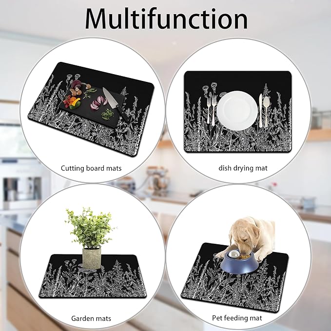 Dish Drying Mat for Multiple Usage. Super Absorbent, Easy clean, Quick dry, Cocina Accesorios for Kitchen Counter or Faucet Sink, Coffee bar, Refrigerator or Air fryer liners, 16*24“ Black
