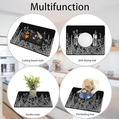 Dish Drying Mat for Multiple Usage. Super Absorbent, Easy clean, Quick dry, Cocina Accesorios for Kitchen Counter or Faucet Sink, Coffee bar, Refrigerator or Air fryer liners, 16*24“ Black
