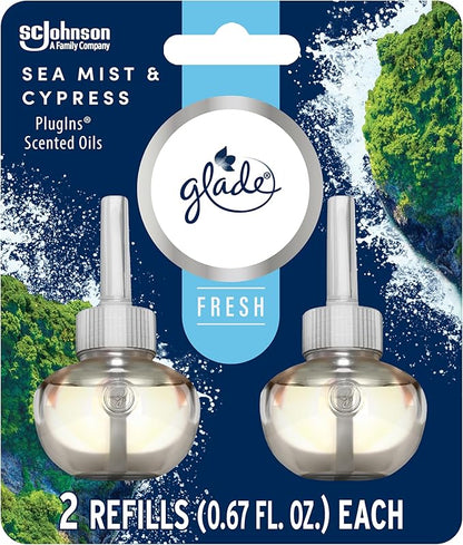 Glade PlugIns Refills Air Freshener, Sea Mist & Cypress, Scented and Essential Oils for Home and Bathroom, 0.67 Fl Oz, 2 Count