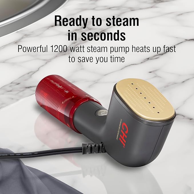 CHI Collapsible Travel 2-in-1 Handheld Garment Steamer & Steam Iron for Clothes, Large 120 ml Water Tank For up to 6 Minutes of Use, Collapses for Compact Storage, Fast Heatup, 10’ Cord, Black (11611)