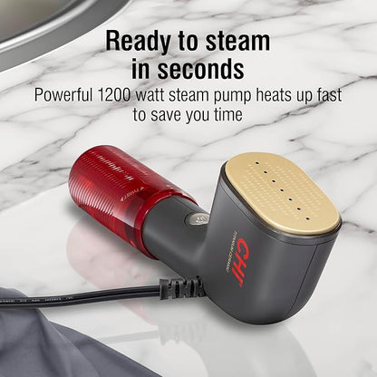 CHI Collapsible Travel 2-in-1 Handheld Garment Steamer & Steam Iron for Clothes, Large 120 ml Water Tank For up to 6 Minutes of Use, Collapses for Compact Storage, Fast Heatup, 10’ Cord, Black (11611)