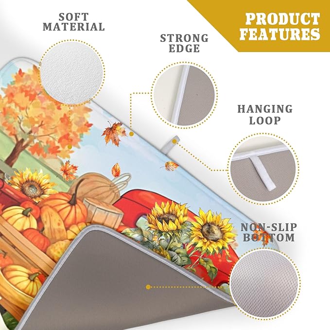 Autumn Pumpkin Red Truck Dish Drying Mat for Kitchen Counter,Fall Leaves Sunflower Cue Dog Harvest Drying Mat 18 x 24 Inch Microfiber Dish Drying Pad Dish Rack Drainer Mat for Coffee Bar