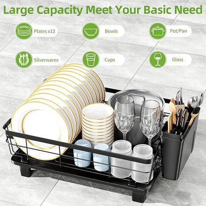 Small Dish Drying Rack, Space Saving Dish Racks for Kitchen Counter, Kitchen Organizer Dish Drainer with Cutlery Holder for Spoons and Forks, 11''W x 15''L, Black