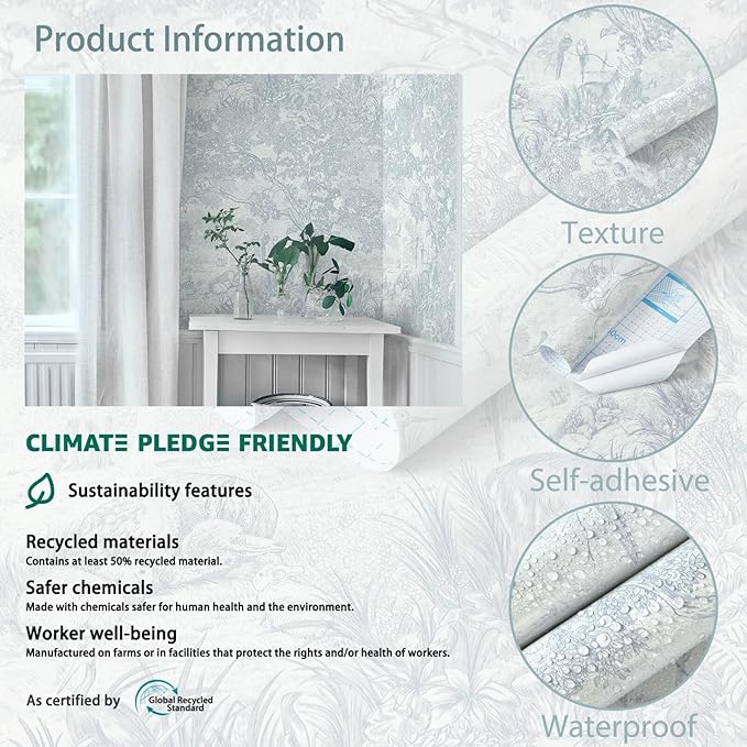 Heroad Peel and Stick Wallpaper Blue and White Vintage Forest Animals Floral Wallpaper Removable Self-Adhesive Contact Paper for Bedroom Living Room Cabinets Decoration Thicken Vinyl 17.3" x 393"
