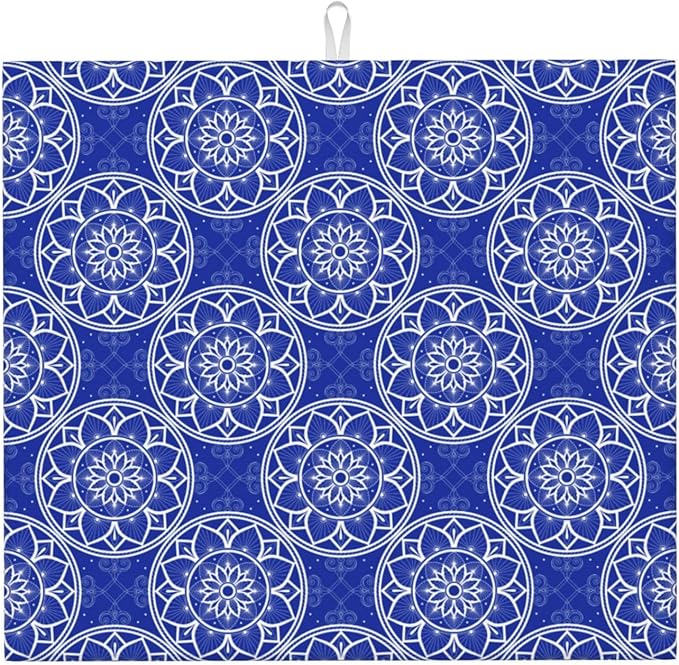 Chinoiserie Blue and White Floral Dish Drying Mats for Kitchen Counter, Absorbent Reversible Washable Microfiber Drying Pad, 16" x 18" Foldable Chinoiserie Kitchen Mat for Dishes & Sink, Home Decor