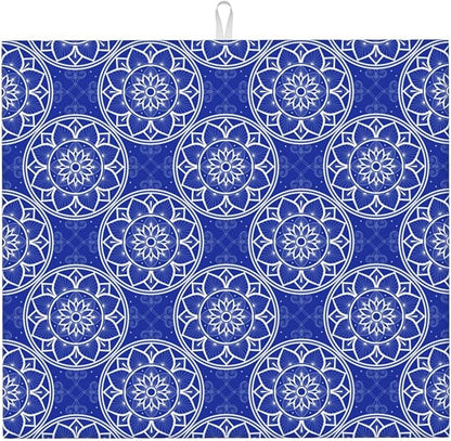 Chinoiserie Blue and White Floral Dish Drying Mats for Kitchen Counter, Absorbent Reversible Washable Microfiber Drying Pad, 16" x 18" Foldable Chinoiserie Kitchen Mat for Dishes & Sink, Home Decor