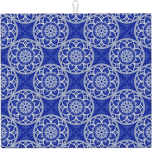 Chinoiserie Blue and White Floral Dish Drying Mats for Kitchen Counter, Absorbent Reversible Washable Microfiber Drying Pad, 16" x 18" Foldable Chinoiserie Kitchen Mat for Dishes & Sink, Home Decor