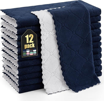 Homaxy 12 Pack Kitchen Cloths Dish Towels (10" x 10", Navy Blue & White), Super Soft and Absorbent Dish Cloths, Coral Velvet Microfiber Cleaning Cloth, Nonstick Oil Fast Dry Dishcloths