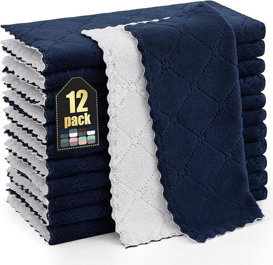 Homaxy 12 Pack Kitchen Cloths Dish Towels (10" x 10", Navy Blue & White), Super Soft and Absorbent Dish Cloths, Coral Velvet Microfiber Cleaning Cloth, Nonstick Oil Fast Dry Dishcloths