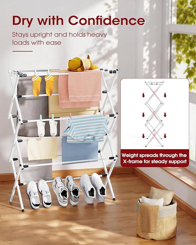 Foldable Clothes Drying Rack – Metal Laundry Drying Rack with Non-Slip Feet, 3-Tier Space-Saving Clothing Rack for Organization, Indoor & Outdoor Use, 11.4"D x 29.1"W x 37.4"H, White and Black