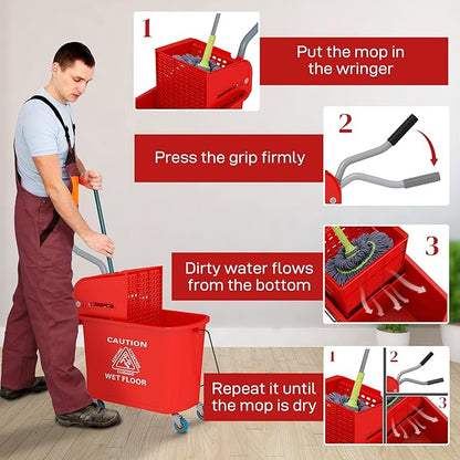 HOMCOM Compact Mop Bucket with Wringer on Wheels for Floor Cleaning, 21 Quart, Separate Dirty and Clean Water, for Home, Apartment, Red