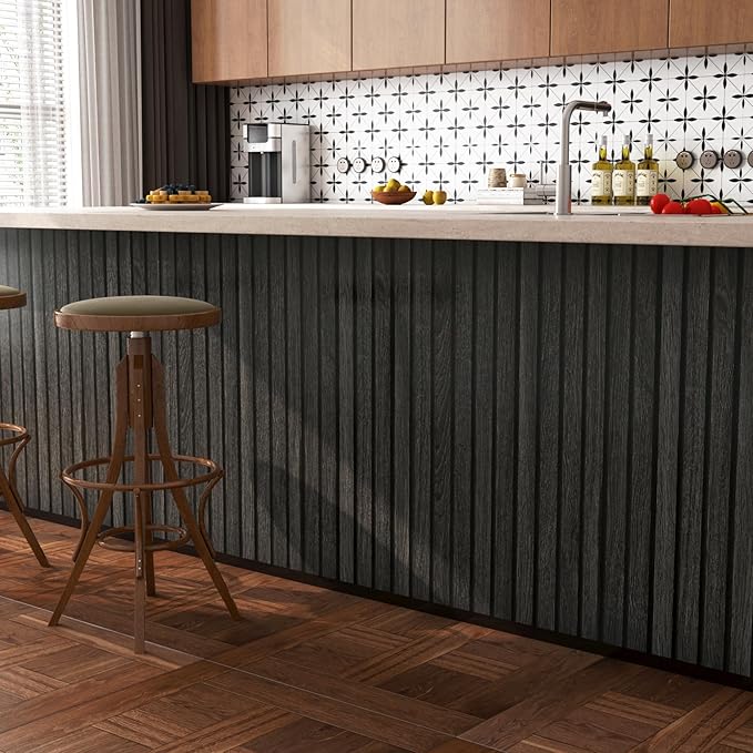 FunStick 36"x200" Slats Wood Wallpaper Peel and Stick Wooden Slats Wall Paneling Wallpaper for Bedroom Living Room Waterproof Black Wood Grain Contact Paper for Cabinets Counter Tops Walls Vinyl Wrap