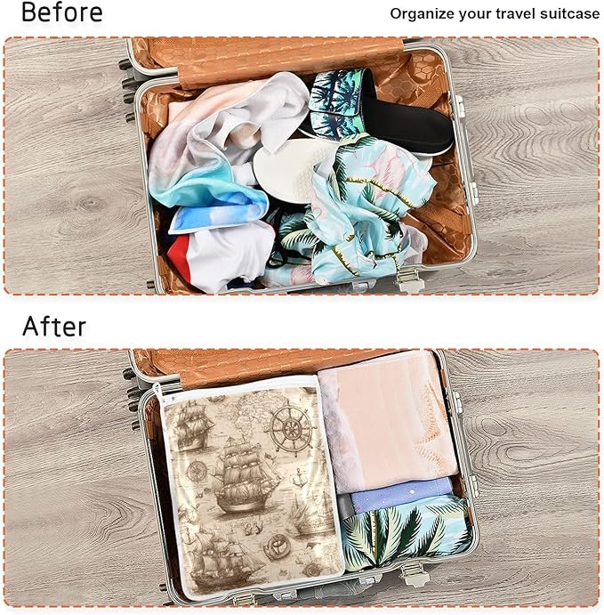 Mesh Laundry Bags Lingerie Bags for Washing Delicates 2 PCS Durable Wash Bag with Zipper Small and Medium Washable Vintage World Map Pirate Sailing Ship Anchor