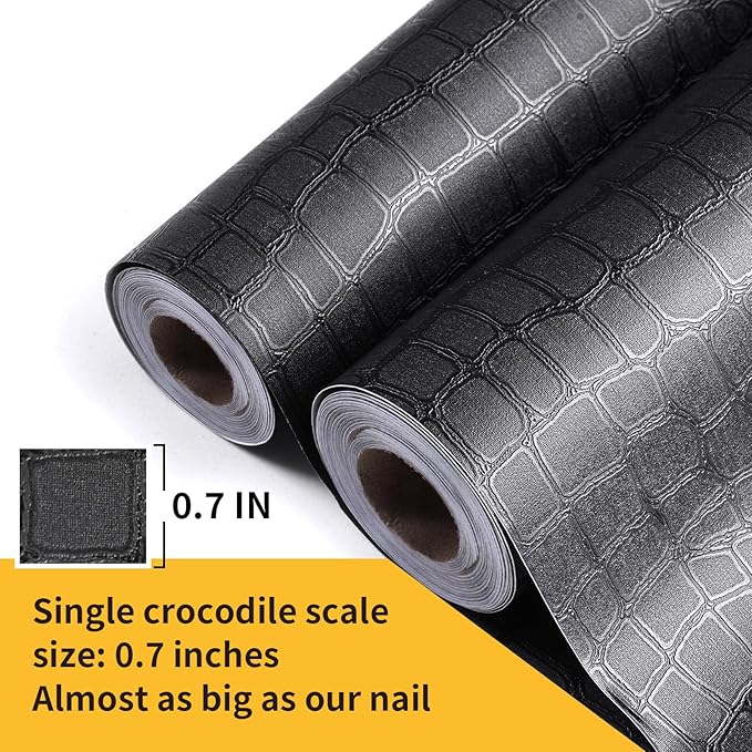 Black Crocodile Peel and Stick Wallpaper, 15.7" X 395", Embossed, Easy Peel Off, Self Adhesive, Removable, Textured, Waterproof, Scratch-Resistant, Straight Match, 43.07 sq ft, PVC, 1 Count