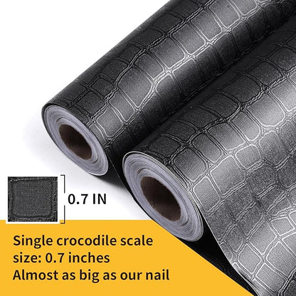Black Crocodile Peel and Stick Wallpaper, 15.7" X 395", Embossed, Easy Peel Off, Self Adhesive, Removable, Textured, Waterproof, Scratch-Resistant, Straight Match, 43.07 sq ft, PVC, 1 Count