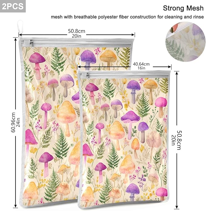 Mesh Laundry Bags Lingerie Bags for Washing Delicates 2 PCS Durable Wash Bag with Zipper Small and Medium Washable Mushroom Colorful Pattern