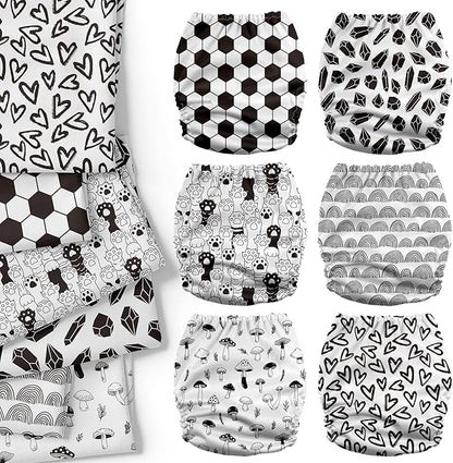 Mama Koala 3.0 Cloth Diapers for Babies with AWJ Lining, 6 Pack with 6 Natural Cloth Diaper Inserts - Reusable and Washable Pocket Diapers (Black & White World)